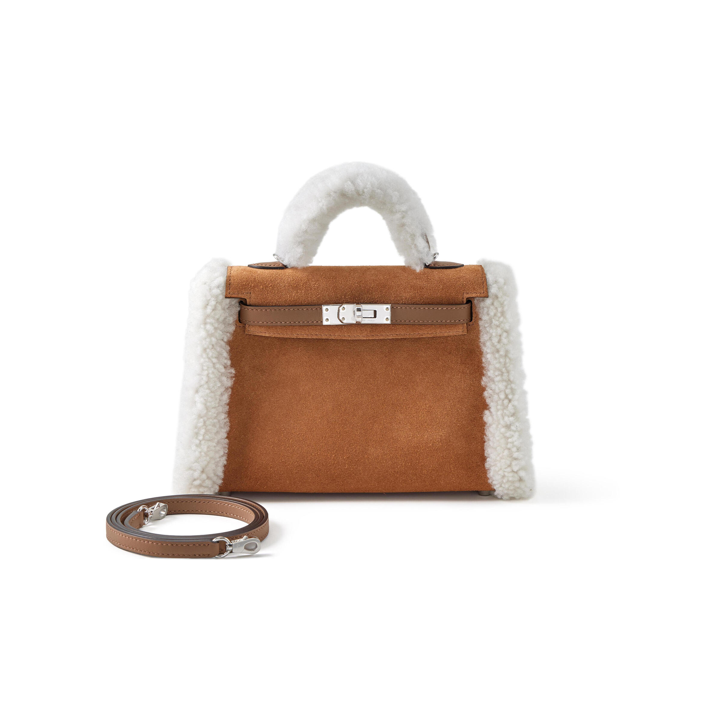 HERMES LIMITED EDITION ALEZAN SWIFT, CHAMOIS GRIZZLY AND ECRU SHEARLING TEDDY PLUSH MINI KELLY II 20 PALLADIUM HARDWARE H084115CKAC (19*12*6cm)